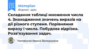 Складання таблиці множення числа 4. Знаходження значень виразів на дії різного ступеня. Порівняння виразу і числа. Побудова відрізка. Розв’язування задач.