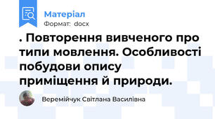 . Повторення вивченого про типи мовлення. Особливості побудови опису приміщення й природи.
