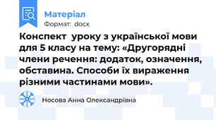 Конспект  уроку з української мови для 5 класу на тему: «Другорядні члени речення: додаток, означення, обставина. Способи їх вираження різними частинами мови».