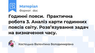 Годинні пояси.  Практична робота 3. Аналіз карти годинних поясів світу. Розв’язування задач на визначення часу.