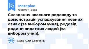 Складання власного родоводу та демонстрація успадкування певних ознак (за вибором учня), родовід родини видатних людей (за вибором учня).
