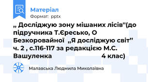,, Досліджую зону мішаних лісів''(до підручника Т.Єресько, О Безкоровайної  ,,Я досліджую світ’’ ч. 2 , с.116-117 за редакцією М.С. Вашуленка                             4 клас)