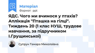 ЯДС. Чого ми вчимося у птахів? Аплікація "Пташка на гілці". Тиждень 20 (1 клас НУШ, трудове навчання, за підручником І.Грущинської)