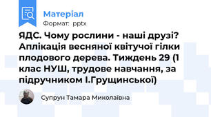 ЯДС. Чому рослини - наші друзі? Аплікація весняної квітучої гілки плодового дерева. Тиждень 29 (1 клас НУШ, трудове навчання, за підручником І.Грущинської)