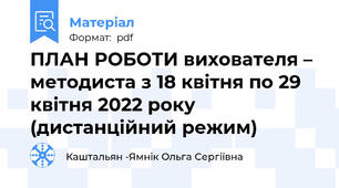 ПЛАН РОБОТИ вихователя – методиста з 18 квітня по 29 квітня 2022 року (дистанційний режим)