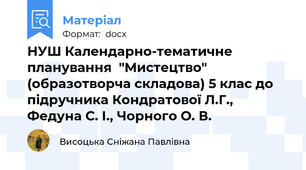 НУШ Календарно-тематичне планування  "Мистецтво" (образотворча складова) 5 клас до підручника Кондратової Л.Г., Федуна С. І., Чорного О. В.