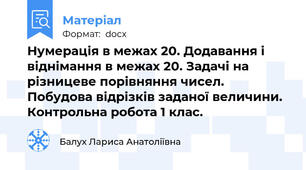 Нумерація в межах 20. Додавання і віднімання в межах 20. Задачі на різницеве порівняння чисел. Побудова відрізків заданої величини. Контрольна робота 1 клас.