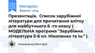 Презентація.  Список зарубіжної літератури для прочитання влітку для майбутнього 6 -го класу ( МОДЕЛЬНА програма "Зарубіжна література 5-6 кл. Ніколенко та ін." ).