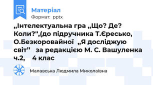 ,,Інтелектуальна гра ,,Що? Де? Коли?'',(до підручника Т.Єресько, О.Безкоровайної,,Я досліджую світ’’   за редакцією М. С. Вашуленка  ч.2,    4 клас
