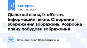 Діалогові вікна, їх об'єкти. Інформаційні вікна. Створення і збереження зображень. Розробка плану побудови зображення