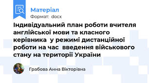Індивідуальний план роботи вчителя англійської мови та класного керівника  у режимі дистанційної роботи на час  введення військового стану на території України