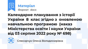 Календарне планування з історії України  8  клас згідно з  оновленою навчальною програмою  (наказ Міністерства освіти і науки України від 03 серпня 2022 року № 698)