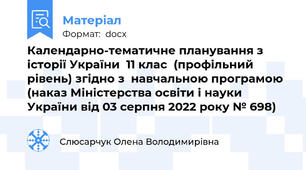 Календарно-тематичне планування з історії України  11 клас  (профільний рівень) згідно з  навчальною програмою  (наказ Міністерства освіти і науки України від 03 серпня 2022 року № 698)