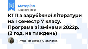 КТП з зарубіжної літератури на І семестр 7 класу. Програма зі змінами 2022р. (2 год. на тиждень)