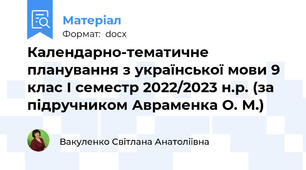 Календарно-тематичне планування з української мови 9 клас І семестр 2022/2023 н.р. (за підручником Авраменка О. М.)