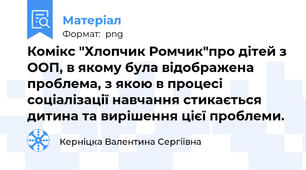 Комікс "Хлопчик Ромчик"про дітей з ООП, в якому була відображена проблема, з якою в процесі соціалізації навчання стикається дитина та вирішення цієї проблеми.