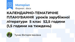 КАЛЕНДАРНО-ТЕМАТИЧНЕ ПЛАНУВАННЯ  уроків зарубіжної літератури  5 клас  52,5 години (1,5 години на тиждень)