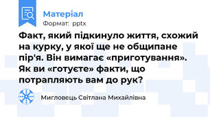 Факт, який підкинуло життя, схожий на курку, у якої ще не общипане пір'я. Він вимагає «приготування». Як ви «готуєте» факти, що потрапляють вам до рук?