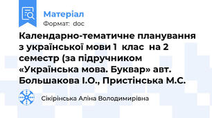 Календарно-тематичне планування  з української мови 1  клас  на 2 семестр (за підручником «Українська мова. Буквар» авт. Большакова І.О., Пристінська М.С.