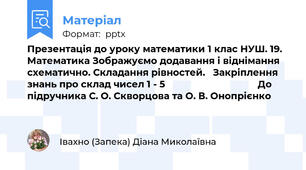 Презентація до уроку математики 1 клас НУШ. 19. Математика Зображуємо додавання і віднімання схематично. Складання рівностей.   Закріплення знань про склад чисел 1 - 5                                   До підручника С. О. Скворцова та О. В. Онопрієнко