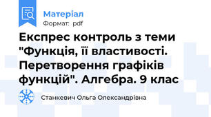 Експрес контроль з теми "Функція, її властивості. Перетворення графіків функцій". Алгебра. 9 клас