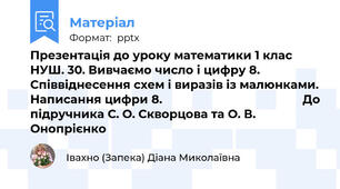 Презентація до уроку математики 1 клас НУШ. 30. Вивчаємо число і цифру 8. Співвіднесення схем і виразів із малюнками. Написання цифри 8.                                           До підручника С. О. Скворцова та О. В. Онопрієнко