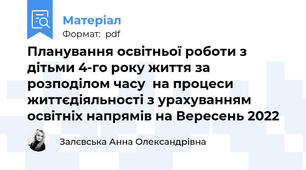 Планування освітньої роботи з дітьми 4-го року життя за розподілом часу  на процеси життєдіяльності з урахуванням освітніх напрямів на Вересень 2022