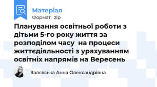 Планування освітньої роботи з дітьми 5-го року життя за розподілом часу  на процеси життєдіяльності з урахуванням освітніх напрямів на Вересень