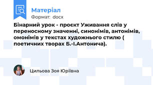 Бінарний урок - проєкт Уживання слів у переносному значенні, синонімів, антонімів, омонімів у текстах художнього стилю ( поетичних творах Б.-І.Антонича).