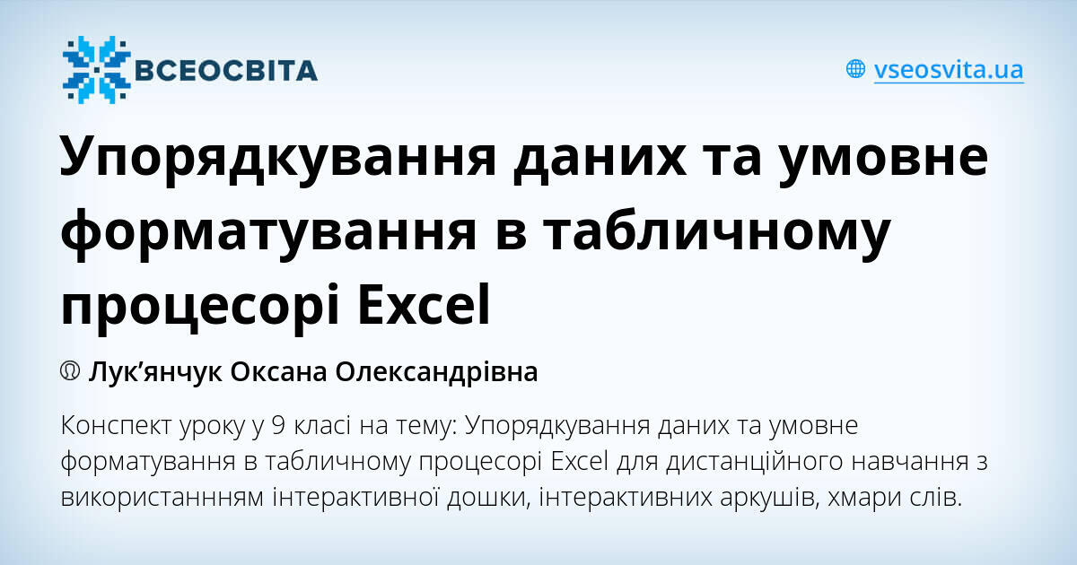 Упорядкування даних та умовне форматування в табличному процесорі Excel ...