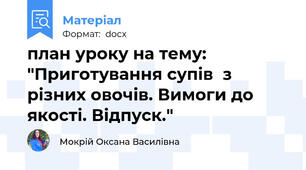 план уроку на тему: "Приготування супів  з різних овочів. Вимоги до якості. Відпуск."