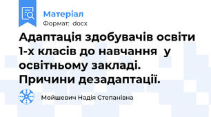 Адаптація здобувачів освіти 1-х класів до навчання  у освітньому закладі. Причини дезадаптації.