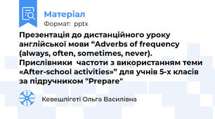 Презентація до дистанційного уроку англійської мови “Adverbs of frequency (always, often, sometimes, never). Прислівники  частоти з використанням теми «After-school activities»” для учнів 5-х класів за підручником "Prepare"