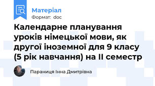 Календарне планування уроків німецької мови, як другої іноземної для 9 класу (5 рік навчання) на ІІ семестр