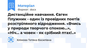 Дистанційне навчання. Євген Плужник - один із провідних поетів розстріляного відродження. «Вчись у природи творчого спокою...», «Ніч... а човен - як срібний птах!..»