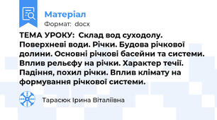 ТЕМА УРОКУ:  Склад вод суходолу. Поверхневі води. Річки. Будова річкової долини. Основні річкові басейни та системи. Вплив рельєфу на річки. Характер течії. Падіння, похил річки. Вплив клімату на формування річкової системи.
