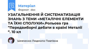 УЗАГАЛЬНЕННЯ Й СИСТЕМАТИЗАЦІЯ ЗНАНЬ З ТЕМИ «МЕТАЛІЧНІ ЕЛЕМЕНТИ ТА ЇХНІ СПОЛУКИ».Рольова гра ”Передвиборчі дебати в країні Металії “. 10 кл