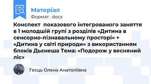 Конспект  показового інтегрованого заняття в 1 молодшій групі з розділів «Дитина в сенсорно-пізнавальному просторі» + «Дитина у світі природи» з використанням блоків Дьєнеша Тема: «Подорож у весняний ліс»