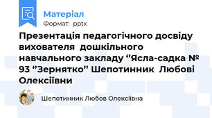 Презентація педагогічного досвіду вихователя  дошкільного навчального закладу ‘’Ясла-садка № 93 ‘’Зернятко’’ Шепотинник  Любові Олексіївни