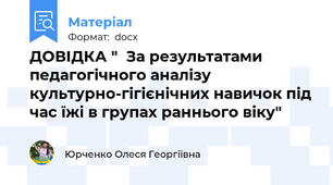 ДОВІДКА "  За результатами педагогічного аналізу культурно-гігієнічних навичок під час їжі в групах раннього віку"