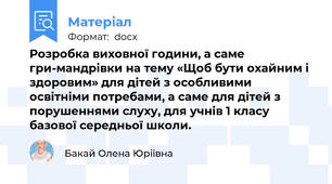 Розробка виховної години, а саме гри-мандрівки на тему «Щоб бути охайним і здоровим» для дітей з особливими освітніми потребами, а саме для дітей з порушеннями слуху, для учнів 1 класу базової середньої школи.