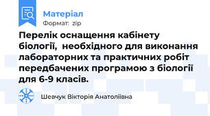Перелік оснащення кабінету біології,  необхідного для виконання лабораторних та практичних робіт передбачених програмою з біології для 6-9 класів.