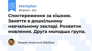 Спостереження за кішкою. Заняття в дошкільному навчальному закладі. Розвиток мовлення. Друга молодша група.