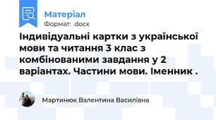 Індивідуальні картки з української мови та читання 3 клас з комбінованими завдання у 2 варіантах. Частини мови. Іменник .