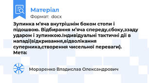 Зупинка м’яча внутрішнім боком стопи і підошвою. Відбирання м’яча спереду,сбоку,ззаду ударом і зупинкою.Індивідуальні тактичні дії в нападі(відкривання,відволікання суперника,створення чисельної переваги).      Мета: