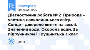 Діагностична робота № 2  Природа – частина навколишнього світу.  Сонце – джерело життя на землі. Значення води. Охорона води. За підручником і.Грущинська 3 клас