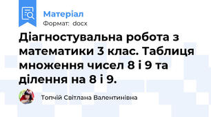 Діагностувальна робота з математики 3 клас. Таблиця множення чисел 8 і 9 та ділення на 8 і 9.