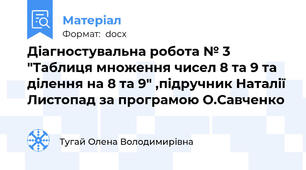 Діагностувальна робота № 3 "Таблиця множення чисел 8 та 9 та ділення на 8 та 9" ,підручник Наталії Листопад за програмою О.Савченко