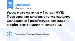 Урок математики у 1 класі НУШ. Повторення вивченого матеріалу. Складання і розв’язування задач. Порівняння чисел в межах 10.