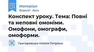 Конспект уроку. Тема: Повні та неповні омоніми. Омофони, омографи, омоформи.